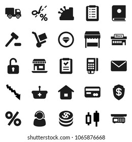 Flat vector icon set - japanese candle vector, crisis, office, credit card, dollar coin, percent, market, mall, support, reader, cashbox, basket, home, shopping list, auction, trolley, delivery