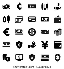 Flat vector icon set - japanese candle vector, wallet, cash, investment, coin stack, check, dollar shield, monitor, euro sign, yen, cent, money, credit card