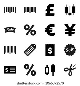 Flat vector icon set - japanese candle vector, receipt, euro sign, pound, yen, barcode, sale, percent, coupon