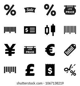 Flat vector icon set - japanese candle vector, receipt, euro sign, pound, yen, barcode, low price signboard, sale, percent, coupon