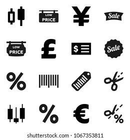 Flat vector icon set - japanese candle vector, receipt, euro sign, pound, yen, barcode, low price signboard, sale, percent, coupon