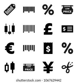 Flat vector icon set - japanese candle vector, receipt, euro sign, pound, yen, barcode, low price signboard, percent, coupon