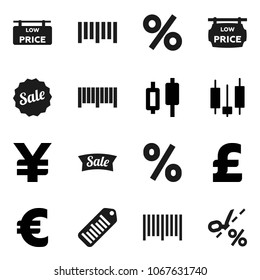 Flat vector icon set - japanese candle vector, euro sign, pound, yen, barcode, low price signboard, sale, percent, coupon