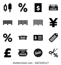Flat vector icon set - japanese candle vector, receipt, pound, yen sign, barcode, low price signboard, sale, percent, coupon