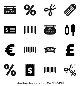 Flat vector icon set - japanese candle vector, receipt, euro sign, pound, barcode, low price signboard, sale, percent, coupon