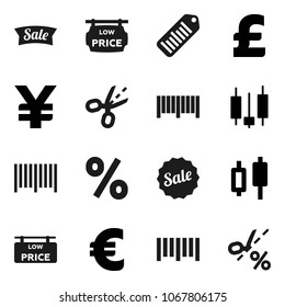 Flat vector icon set - japanese candle vector, euro sign, pound, yen, barcode, low price signboard, sale, percent, coupon