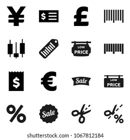 Flat vector icon set - japanese candle vector, receipt, euro sign, pound, yen, barcode, low price signboard, sale, percent, coupon
