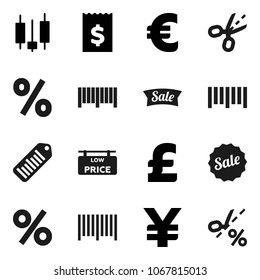 Flat vector icon set - japanese candle vector, receipt, euro sign, pound, yen, barcode, low price signboard, sale, percent, coupon