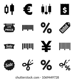 Flat vector icon set - japanese candle vector, receipt, euro sign, yen, barcode, low price signboard, sale, percent, coupon