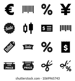 Flat vector icon set - japanese candle vector, receipt, euro sign, yen, barcode, low price signboard, sale, percent, coupon