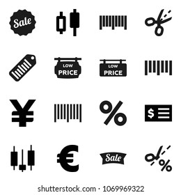 Flat vector icon set - japanese candle vector, receipt, euro sign, yen, barcode, low price signboard, sale, percent, coupon