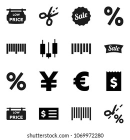 Flat vector icon set - japanese candle vector, receipt, euro sign, yen, barcode, low price signboard, sale, percent, coupon