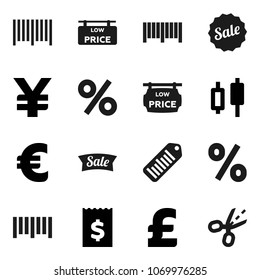 Flat vector icon set - japanese candle vector, receipt, euro sign, pound, yen, barcode, low price signboard, sale, percent, coupon