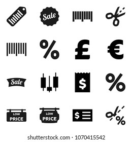 Flat vector icon set - japanese candle vector, receipt, euro sign, pound, barcode, low price signboard, sale, percent, coupon