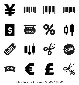 Flat vector icon set - japanese candle vector, receipt, euro sign, pound, yen, barcode, low price signboard, sale, percent, coupon