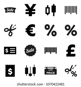 Flat vector icon set - japanese candle vector, receipt, euro sign, pound, yen, low price signboard, sale, percent, barcode, coupon