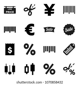 Flat vector icon set - japanese candle vector, receipt, euro sign, yen, barcode, low price signboard, sale, percent, coupon