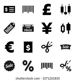 Flat vector icon set - japanese candle vector, receipt, euro sign, pound, yen, barcode, low price signboard, sale, percent, coupon