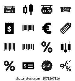 Flat vector icon set - japanese candle vector, receipt, euro sign, barcode, low price signboard, sale, percent, coupon