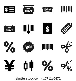 Flat vector icon set - japanese candle vector, receipt, yen sign, barcode, low price signboard, sale, percent, coupon