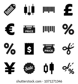Flat vector icon set - japanese candle vector, receipt, euro sign, pound, yen, barcode, low price signboard, sale, percent, coupon