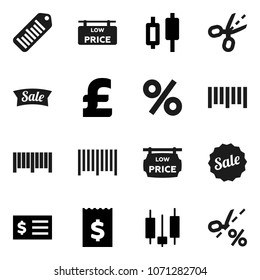 Flat vector icon set - japanese candle vector, receipt, pound, barcode, low price signboard, sale, percent, coupon
