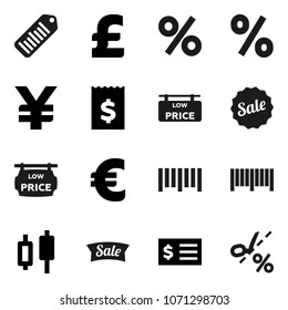 Flat vector icon set - japanese candle vector, receipt, euro sign, pound, yen, barcode, low price signboard, sale, percent, coupon