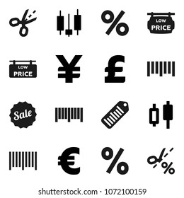 Flat vector icon set - japanese candle vector, euro sign, pound, yen, barcode, low price signboard, sale, percent, coupon