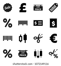 Flat vector icon set - japanese candle vector, receipt, euro sign, pound, barcode, low price signboard, sale, percent, coupon