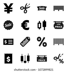 Flat vector icon set - japanese candle vector, receipt, euro sign, yen, barcode, low price signboard, sale, percent, coupon