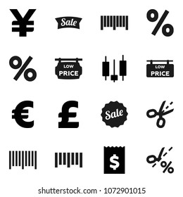 Flat vector icon set - japanese candle vector, receipt, euro sign, pound, yen, barcode, low price signboard, sale, percent, coupon