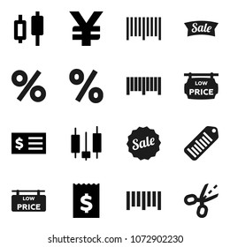 Flat vector icon set - japanese candle vector, receipt, yen sign, barcode, low price signboard, sale, percent, coupon