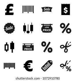Flat vector icon set - japanese candle vector, receipt, euro sign, pound, barcode, low price signboard, sale, percent, coupon