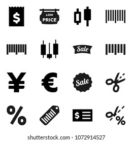 Flat vector icon set - japanese candle vector, receipt, euro sign, yen, barcode, low price signboard, sale, percent, coupon