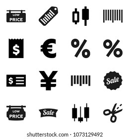 Flat vector icon set - japanese candle vector, receipt, euro sign, yen, barcode, low price signboard, sale, percent, coupon