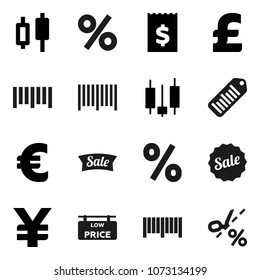 Flat vector icon set - japanese candle vector, receipt, euro sign, pound, yen, barcode, low price signboard, sale, percent, coupon