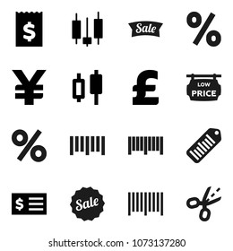 Flat vector icon set - japanese candle vector, receipt, pound, yen sign, barcode, low price signboard, sale, percent, coupon