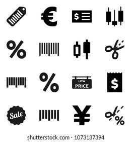 Flat vector icon set - japanese candle vector, receipt, euro sign, yen, barcode, low price signboard, sale, percent, coupon
