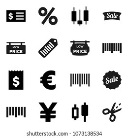Flat vector icon set - japanese candle vector, receipt, euro sign, yen, barcode, low price signboard, sale, percent, coupon