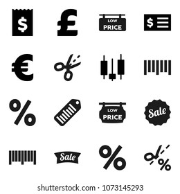 Flat vector icon set - japanese candle vector, receipt, euro sign, pound, barcode, low price signboard, sale, percent, coupon