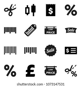 Flat vector icon set - japanese candle vector, receipt, pound, barcode, low price signboard, sale, percent, coupon