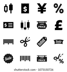 Flat vector icon set - japanese candle vector, receipt, pound, yen sign, barcode, low price signboard, sale, percent, coupon
