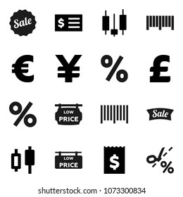 Flat vector icon set - japanese candle vector, receipt, euro sign, pound, yen, low price signboard, sale, percent, barcode, coupon