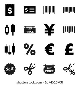 Flat vector icon set - japanese candle vector, receipt, euro sign, pound, yen, barcode, low price signboard, sale, percent, coupon