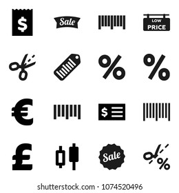 Flat vector icon set - japanese candle vector, receipt, euro sign, pound, barcode, low price signboard, sale, percent, coupon