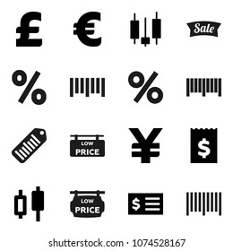 Flat vector icon set - japanese candle vector, receipt, euro sign, pound, yen, barcode, low price signboard, sale, percent