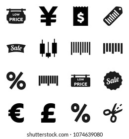 Flat vector icon set - japanese candle vector, receipt, euro sign, pound, yen, barcode, low price signboard, sale, percent, coupon
