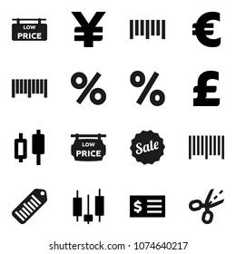 Flat vector icon set - japanese candle vector, receipt, euro sign, pound, yen, barcode, low price signboard, sale, percent, coupon