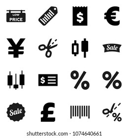 Flat vector icon set - japanese candle vector, receipt, euro sign, pound, yen, barcode, low price signboard, sale, percent, coupon