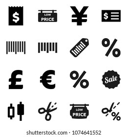 Flat vector icon set - japanese candle vector, receipt, euro sign, pound, yen, barcode, low price signboard, sale, percent, coupon